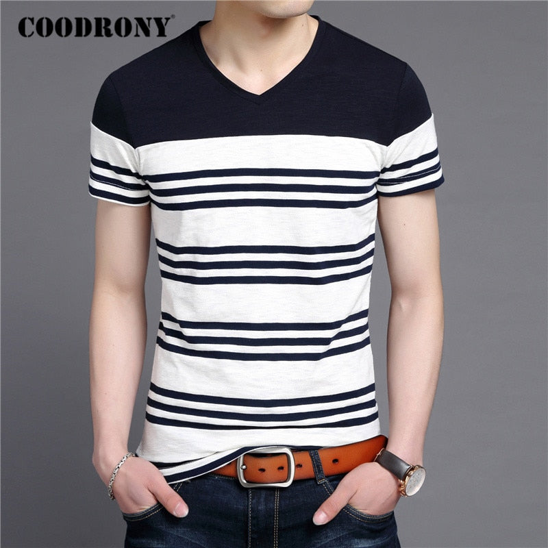 COODRONY Short Sleeve T Shirt Men Streetwear Fashion Striped Tops Casual V-Neck T-Shirt Man Summer Cotton Tee Shirt Homme C5086S